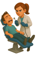 En mand sidder nervøst i en tandlægestol, mens en tandlæge ser alvorligt på ham.