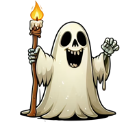 Et tegnet spøgelse, der holder en fakle og vinker, med et venligt udtryk.