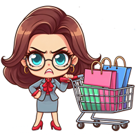 En tegneseriefigur af en kvinde med briller og shoppingvogn, der ser utilfreds ud.