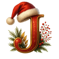Et dekorativt J iført en nissehue, omgivet af julegrønne planter og bær.