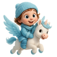 En glad dreng iført en blå hue rider på en hvid enhjørning med vinger.