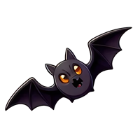 En farverig og sød tegneserieflagermus med store orange øjne og udstrakte vinger.