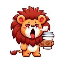 En sød, cartoon-lignende løve, der ser træt ud og holder en kaffekop.
