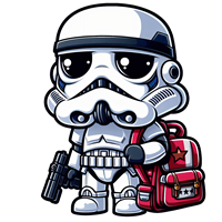En sød, tegneserieagtig stormtrooper iført en rygsæk og med en pistol.