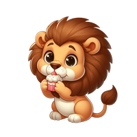 En tegneserieagtig løve, der holder en isvaffel med en sød og venlig mine.