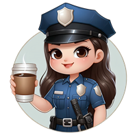 En tegneserieagtig kvindelig politibetjent, der holder en kaffekop og smiler.