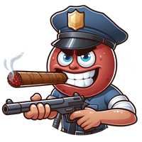 En tegneserieagtig figur af en politibetjent med en cigar og en pistol, der ser selvsikker ud.