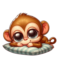 En nuttet, tegneserieagtig abe ligger på en pude med store, udtryksfulde øjne.