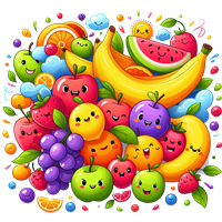 Et livligt og farverigt billede af forskellige frugter med glade ansigtstræk.