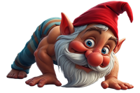 En farverig gnom i en rød hat, der kravler med et smil på ansigtet.