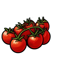 Et bundt af røde tomater med grønne stilke, illustreret i en farverig stil.