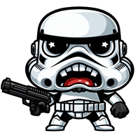 En sød og cartoonish version af en stormtrooper, der holder en pistol.