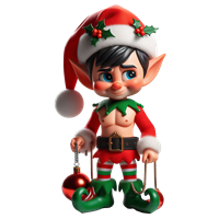 En sød, muskuløs juleelv iført en rød og grøn dragt med en julesok og ornamenter.