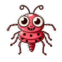 En farverig og venlig tegneserieinsektskarakter med store øjne og smil.