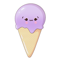 En farverig illustration af en isvaffel med en lilla is-scoops og et sødt ansigt.