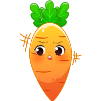 En farverig, antropomorf gulerod med store øjne og et bekymret udtryk.