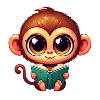 En sød, tegneserieagtig abe med store øjne, der læser en bog.