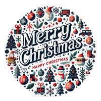 En festlig cirkulær dekoration med julemotiver og teksten Merry Christmas.