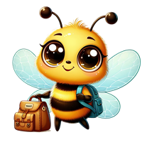 En glad, cartoon-lignende bi med store øjne, der bærer en rygsæk og en taske.