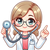 En tegneseriefigur af en kvindelig læge med briller og stetoskop, der smiler.