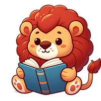 En sød, cartoon-lignende løve, der sidder og læser en bog.