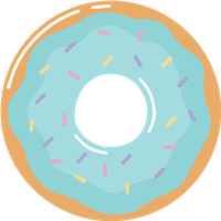 En illustreret donut med blå glasur og farverige strøelse.