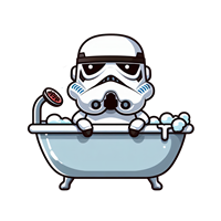 En sjov illustration af en stormtrooper, der slapper af i et badekar fyldt med sæbebobler.
