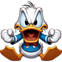 En tegneseriefigur af en vred and med hænderne knyttet og åben mund.