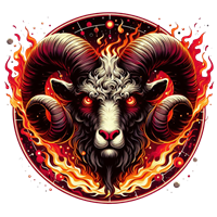 Et dramatisk billede af et vædderhoved omgivet af flammer og mystiske symboler.