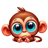 En tegnet abe med store blå øjne og en sød udtryk, der sidder med hænderne under hagen.