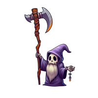 En farverig dødningefigur iført en lilla kappe, der holder en økse og en lampe.