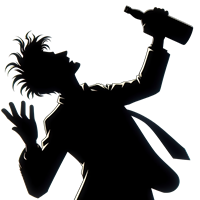 En silhuet af en person, der danser med en flaske, hvilket giver en festlig stemning.