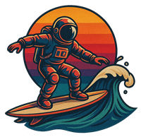 En farverig illustration af en astronaut, der surfer på en bølge med en solnedgang i baggrunden.