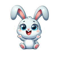 En glad, tegnet kanin med hvit pels og store, udtryksfulde øjne, der sidder og smiler.