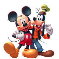 Mickey Mouse og Goofy står tæt sammen og smiler, klar til eventyr.