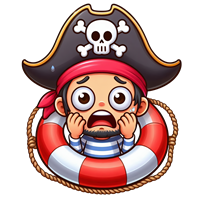 En tegneseriefigur af en bange pirat i en livbøje med et skæbnesvangert pirathoved.