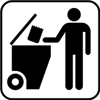 Et symbol, der viser en person, der smider affald i en skraldespand.