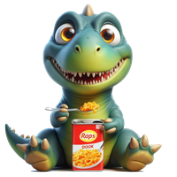 En farverig, venlig dinosaur, der spiser pasta fra en dåse, med et stort smil.