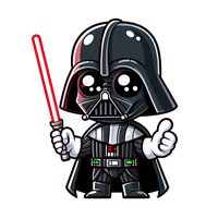 En sød, cartoon-agtig version af Darth Vader med en rød lyssabel.