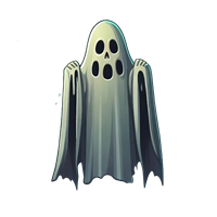 Et tegnet spøgelse med et hvidt lag og tre ansigtshuller, der ser skræmmende ud.