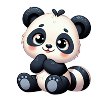 En nuttet, tegnet panda-baby med store øjne, der sidder og smiler.