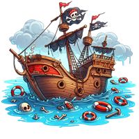 Et detaljeret piratskib med flag og skaller, der svømmer i et stormfuldt hav.