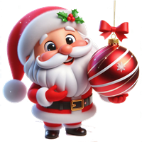 En glad julemand holder en rød julekugle og smiler.