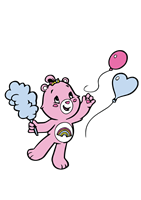 En sød, lyserød bamse holder balloner og ser glad ud, omgivet af skyer.