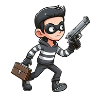 En animeret figur af en ung tyv iført stribede klæder, der holder en pistol og en taske.