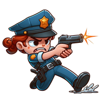 En tegneserieagtig politibetjent, der skyder med en pistol, mens hun ligger på knæ.