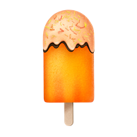 En farverig ispind med en orange base og chokoladeovertræk, pyntet med drys.