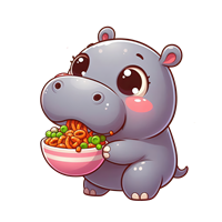 En tegneserieagtig flodhest med store øjne, der holder en skål med mad.