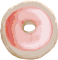 En farverig donut med lyserød glasur og en blød, rund form.