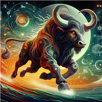 En farverig og surrealistisk illustration af en tyr, der bevæger sig gennem en galakse.